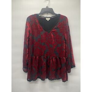 POL Women’s Red Floral Velvet Burnout Babydoll Oversized Boho Top‎ Sz S